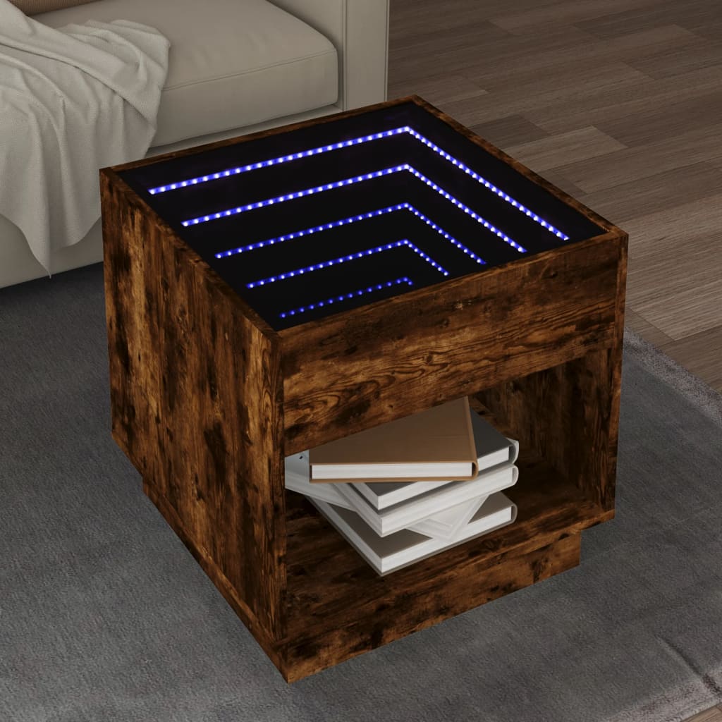 vidaXL Măsuță de cafea cu LED infinity, stejar fumuriu, 50x50x50 cm