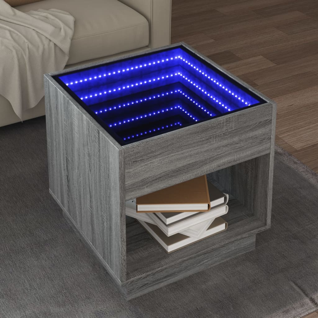 vidaXL Măsuță de cafea cu LED infinity, gri sonoma, 50x50x50 cm