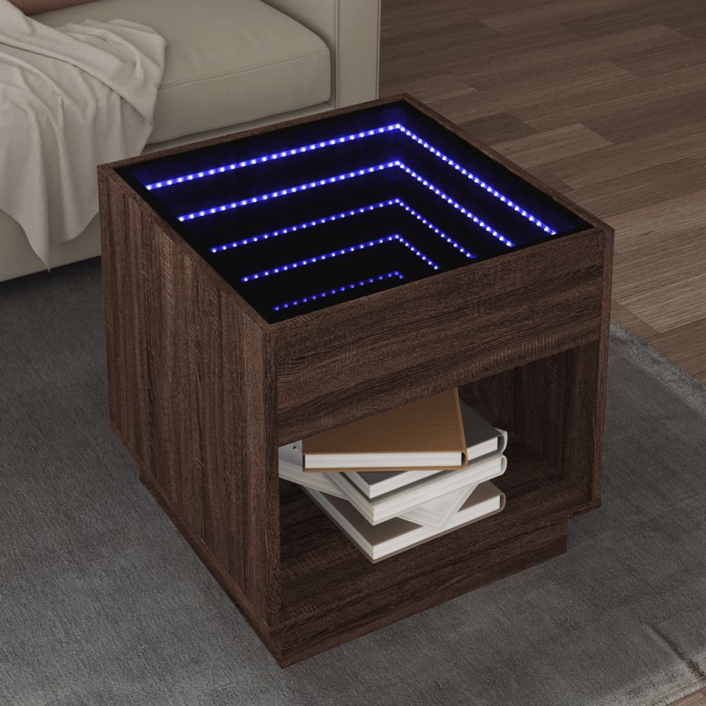 vidaXL Măsuță de cafea cu LED infinity, stejar maro, 50x50x50 cm