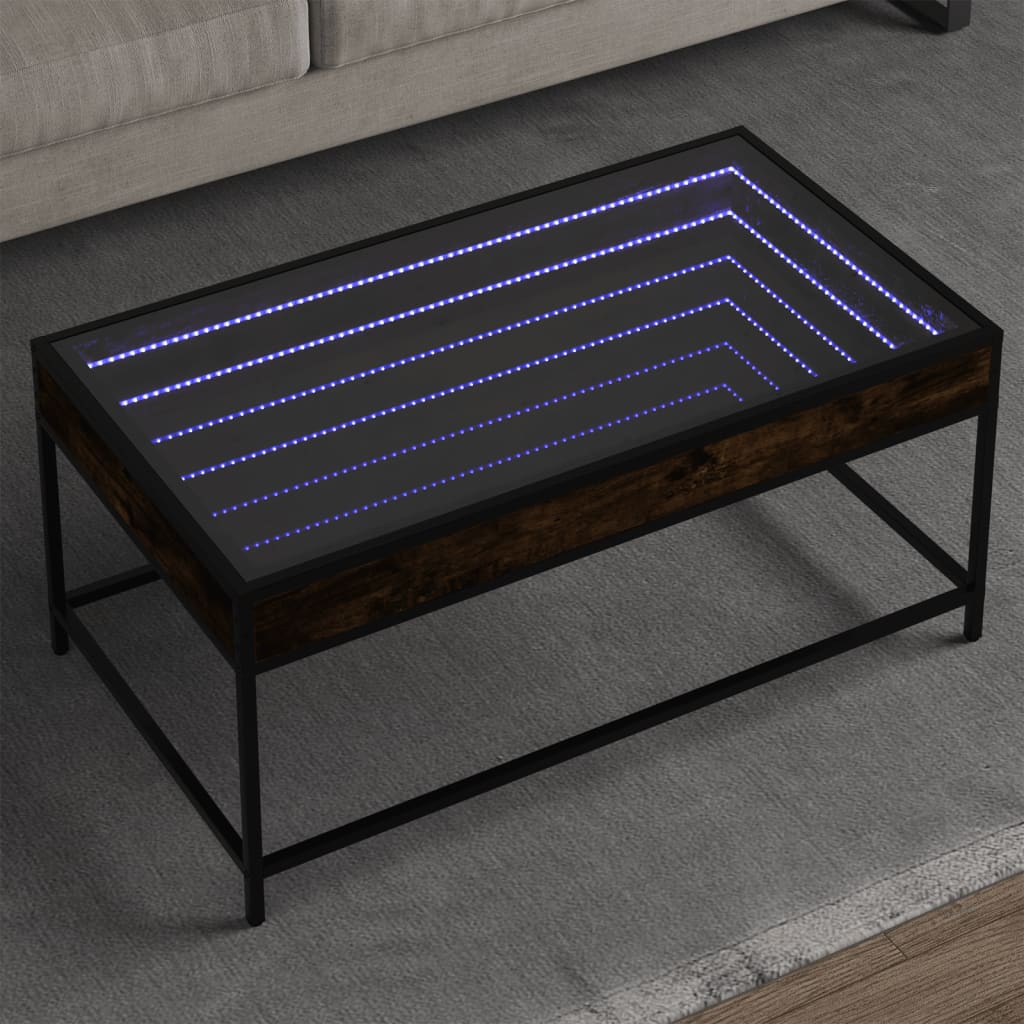 vidaXL Măsuță de cafea cu LED infinity, stejar fumuriu, 90x50x41 cm