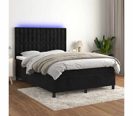 vidaXL Box Spring Bed with Mattress&LED Black 137x187 cm Double Size Velvet