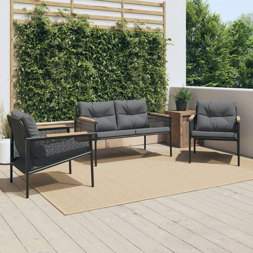 vidaXL Set mobilier de balcon, 3 piese, cu perne, negru, oțel