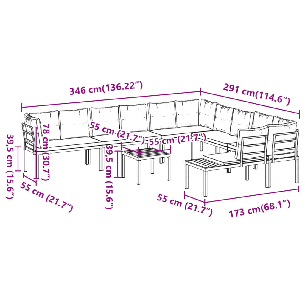 imagem de vidaXL 7 pcs sofás de jardim com almofadões aço revestido a pó preto11