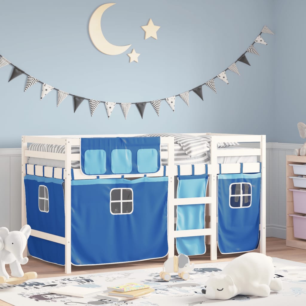 Kinderhochbett mit Vorhängen Blau 90×200 cm Massivholz Kiefer
