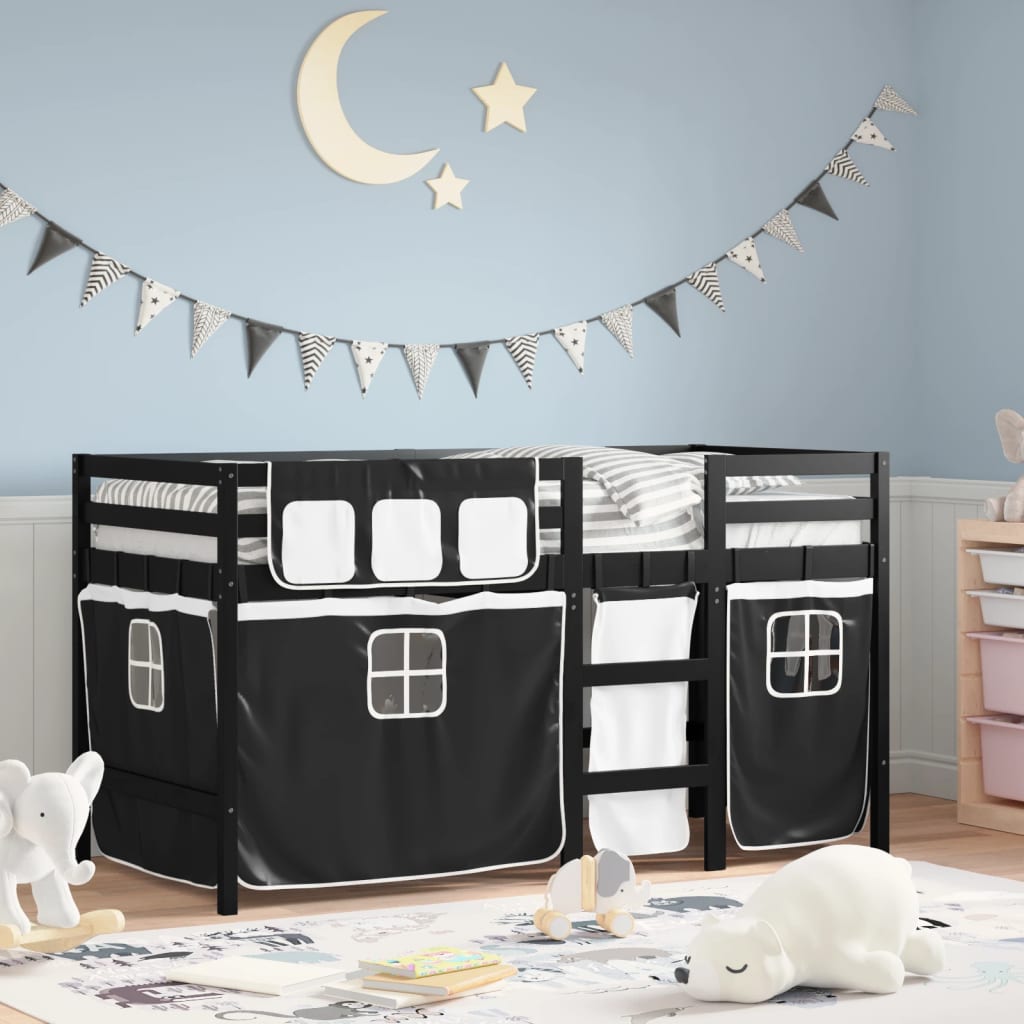 Kinderhochbett mit Vorhängen Weiß Schwarz 90×200 cm Kiefernholz