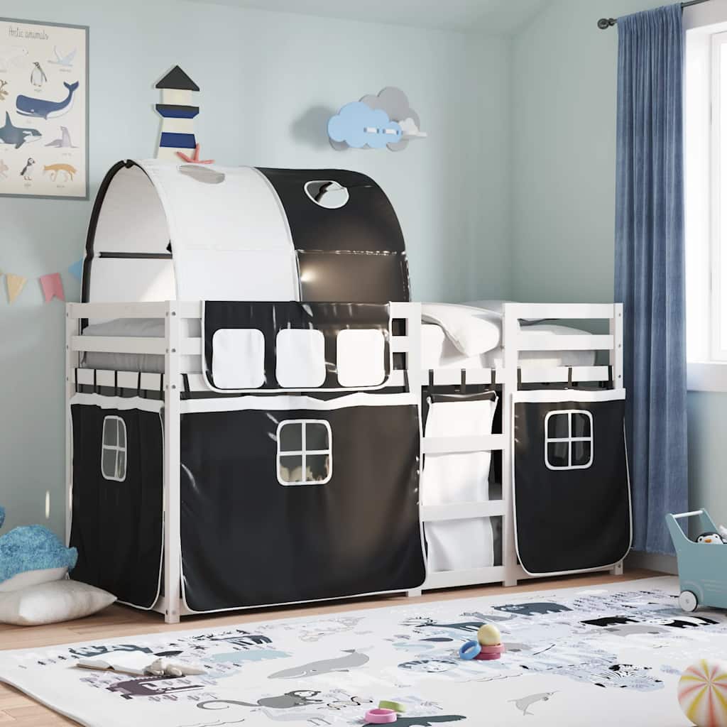 vidaXL Etagenbett mit Vorhängen Weiß & Schwarz 90x190 cm Kiefernholz