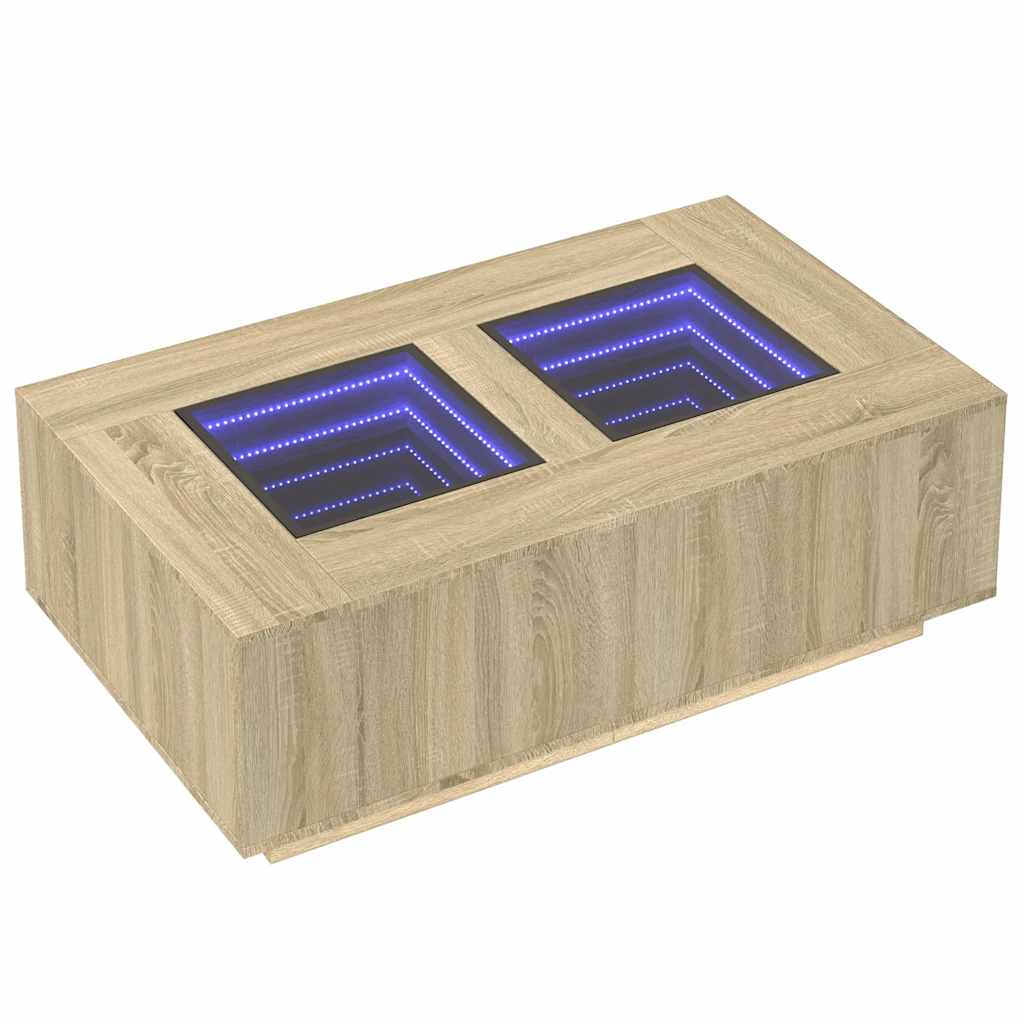 vidaXL tölgy színű végtelen hatású LED-es dohányzóasztal 116x69x40 cm