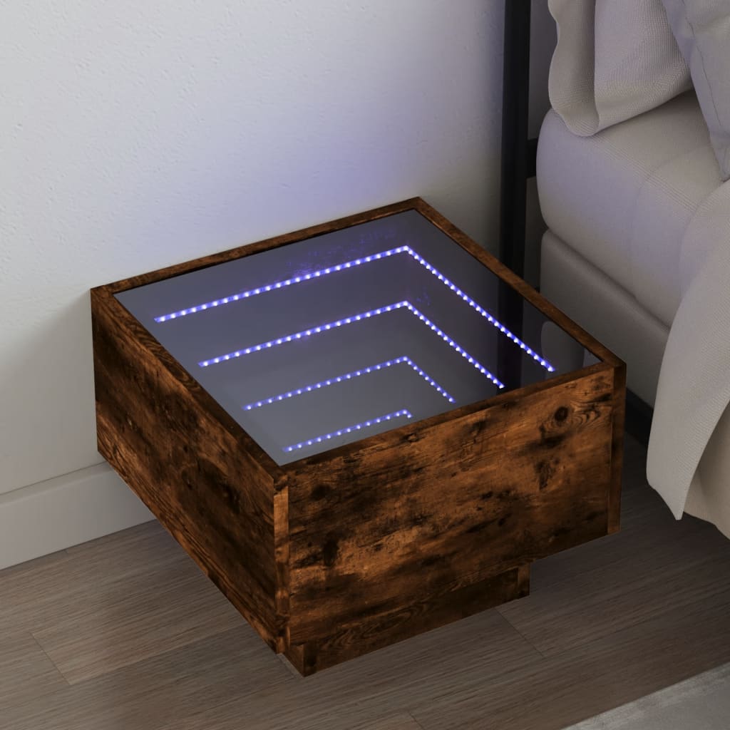 vidaXL Noptieră cu LED infinity, stejar fumuriu, 40x40x30 cm