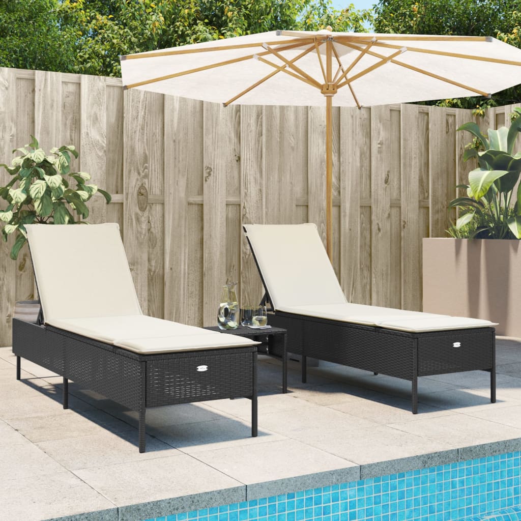 vidaXL 3 Piece Sun Lounger Set with Cushion Black Poly Rattan