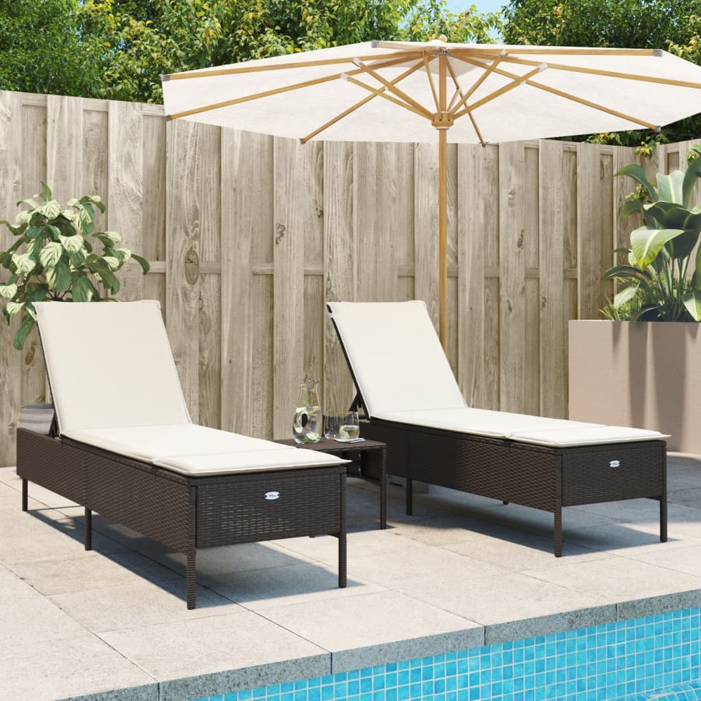 vidaXL 3-tlg. Sonnenliegen-Set mit Auflage Braun Poly Rattan