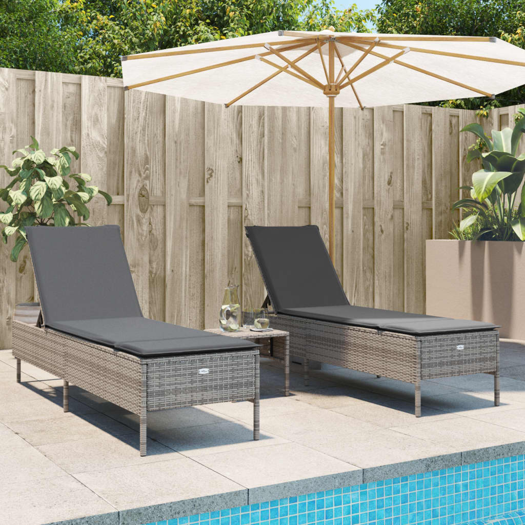 vidaXL 3-tlg. Sonnenliegen-Set mit Auflage Grau Poly Rattan