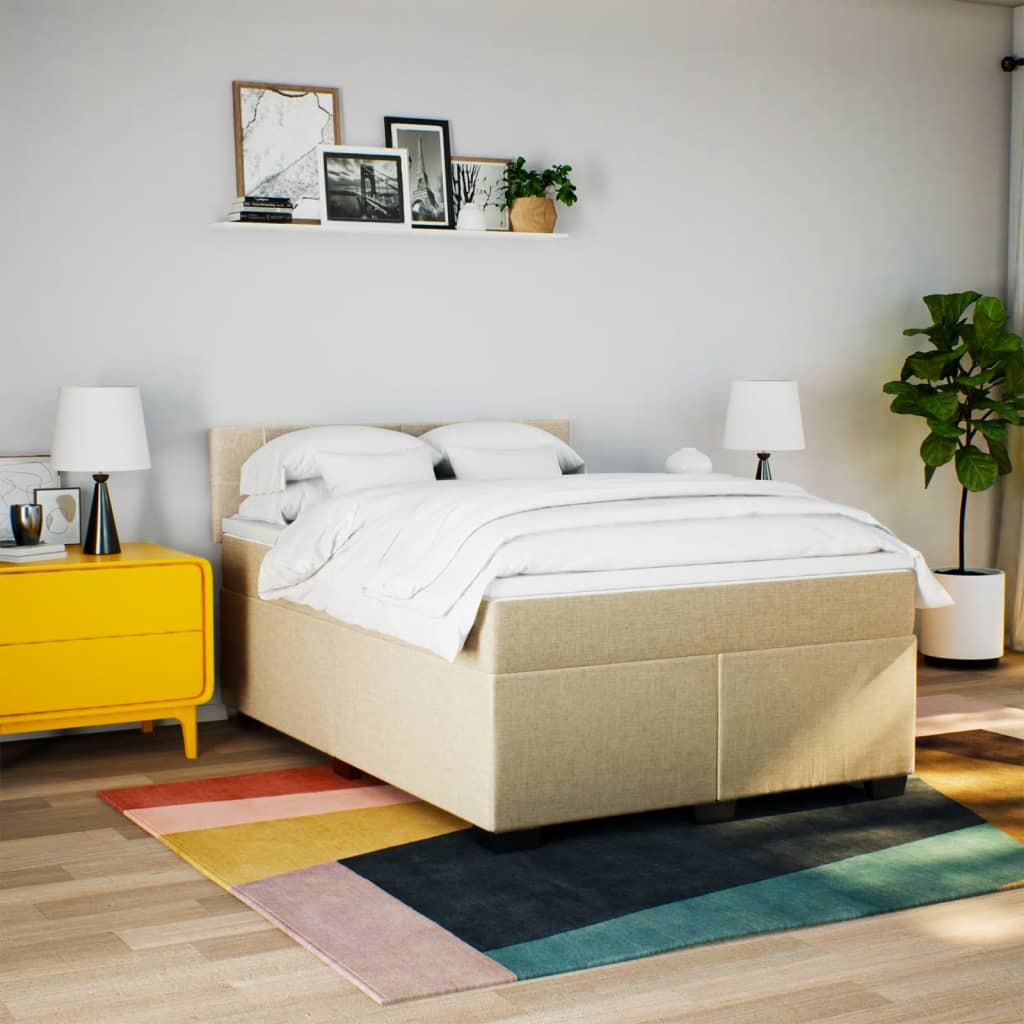 vidaXL Pat continental cu saltea, crem, 140x200 cm, material textil