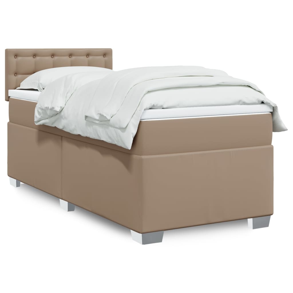 vidaXL Pat box spring cu saltea, cappuccino, 90x190 cm piele ecologică