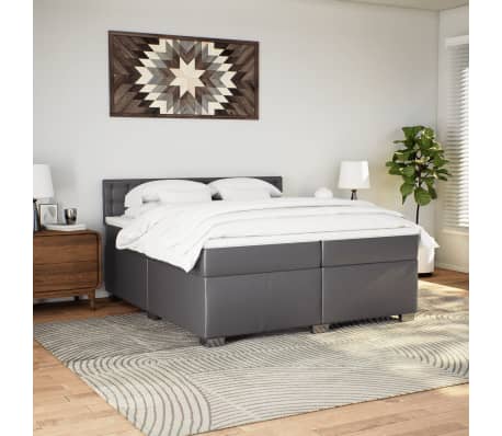 vidaXL Κρεβάτι Boxspring με Στρώμα Γκρι 200x200 εκ. Συνθετικό Δέρμα