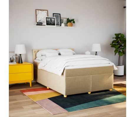 vidaXL Pat box spring cu saltea, crem, 160x200 cm, material textil