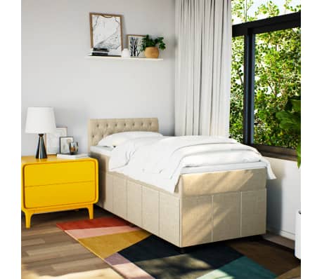 vidaXL Pat box spring cu saltea, crem, 100x200 cm, textil