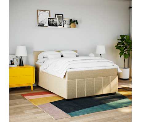 vidaXL Pat box spring cu saltea, crem, 160x200 cm, material textil