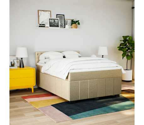 vidaXL Pat box spring cu saltea, crem, 160x200 cm, material textil