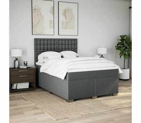 vidaXL Box Spring Bed with Mattress Dark Grey Queen Fabric
