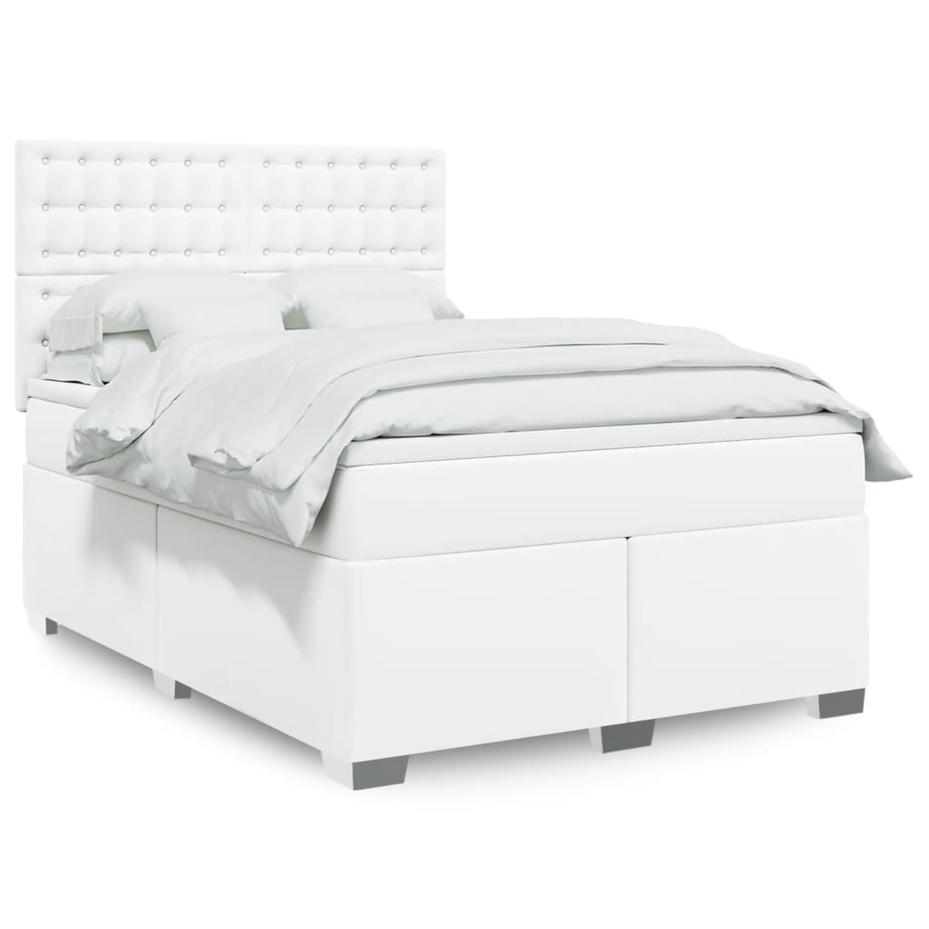 vidaXL Pat box spring cu saltea, alb, 140x190 cm, piele ecologică