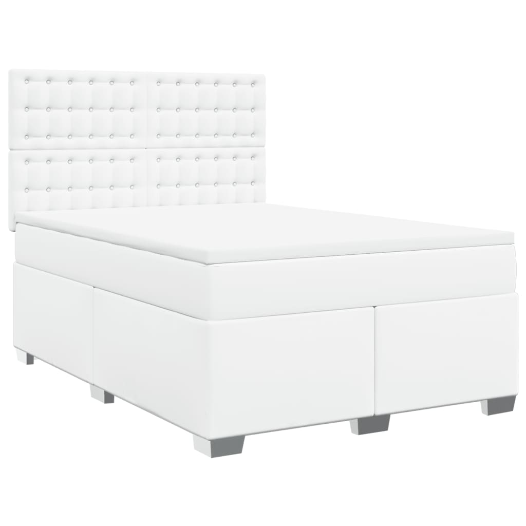 vidaXL Pat box spring cu saltea, alb, 140x200 cm, piele ecologică