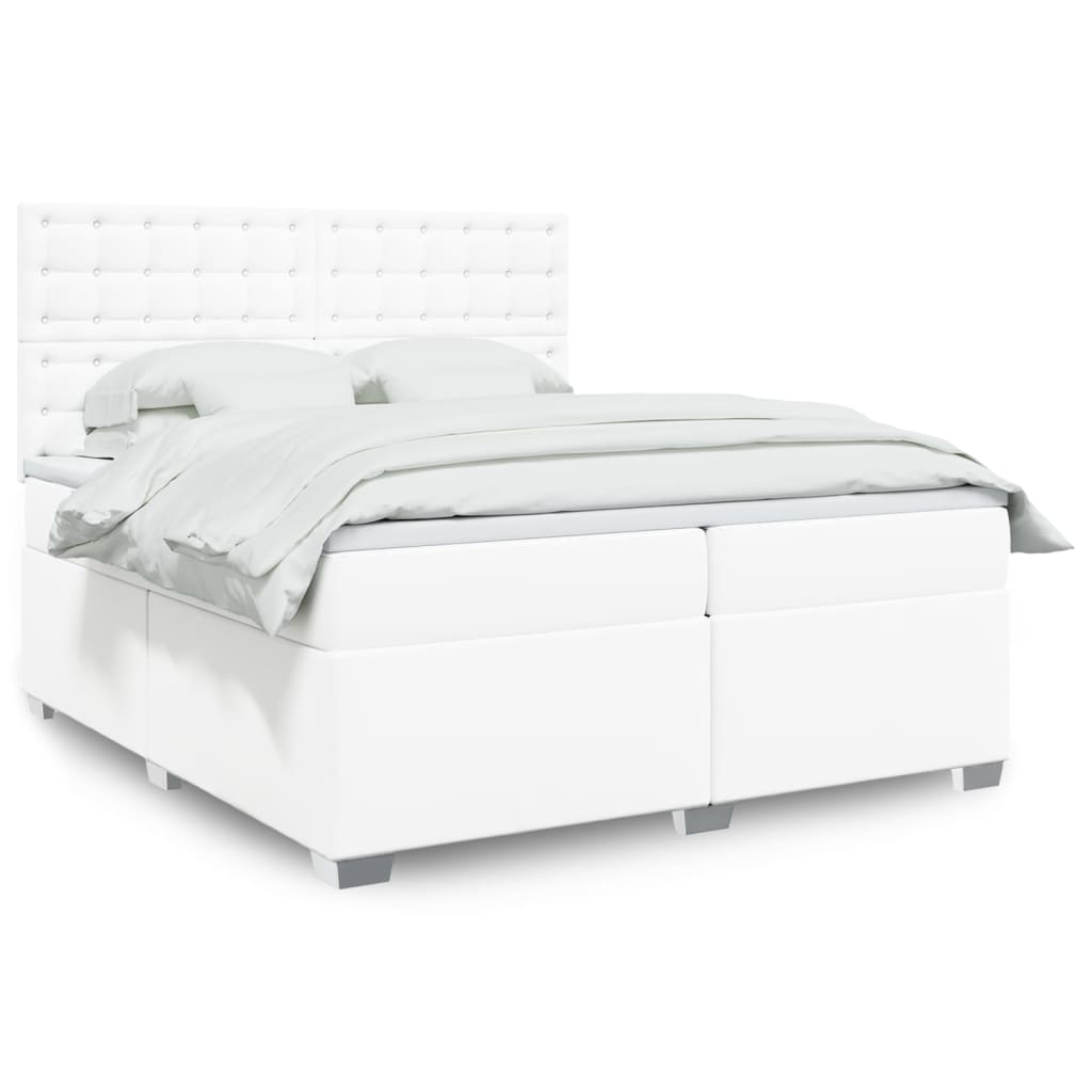 vidaXL Pat box spring cu saltea, alb, 200x200 cm, piele ecologică