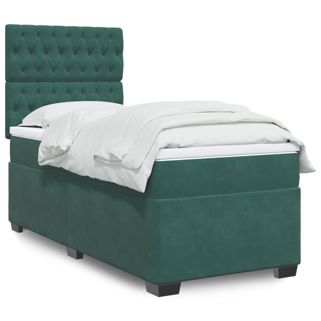 vidaXL Pat box spring cu saltea, verde închis, 90x200 cm, catifea