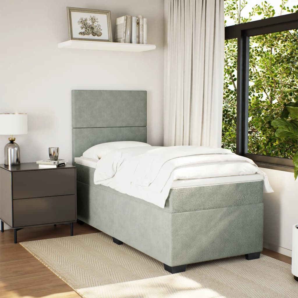 vidaXL Boxspring met matras fluweel lichtgrijs 100x200 cm afbeelding