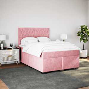 vidaXL Box Spring Bed with Mattress Pink 140x190 cm Velvet