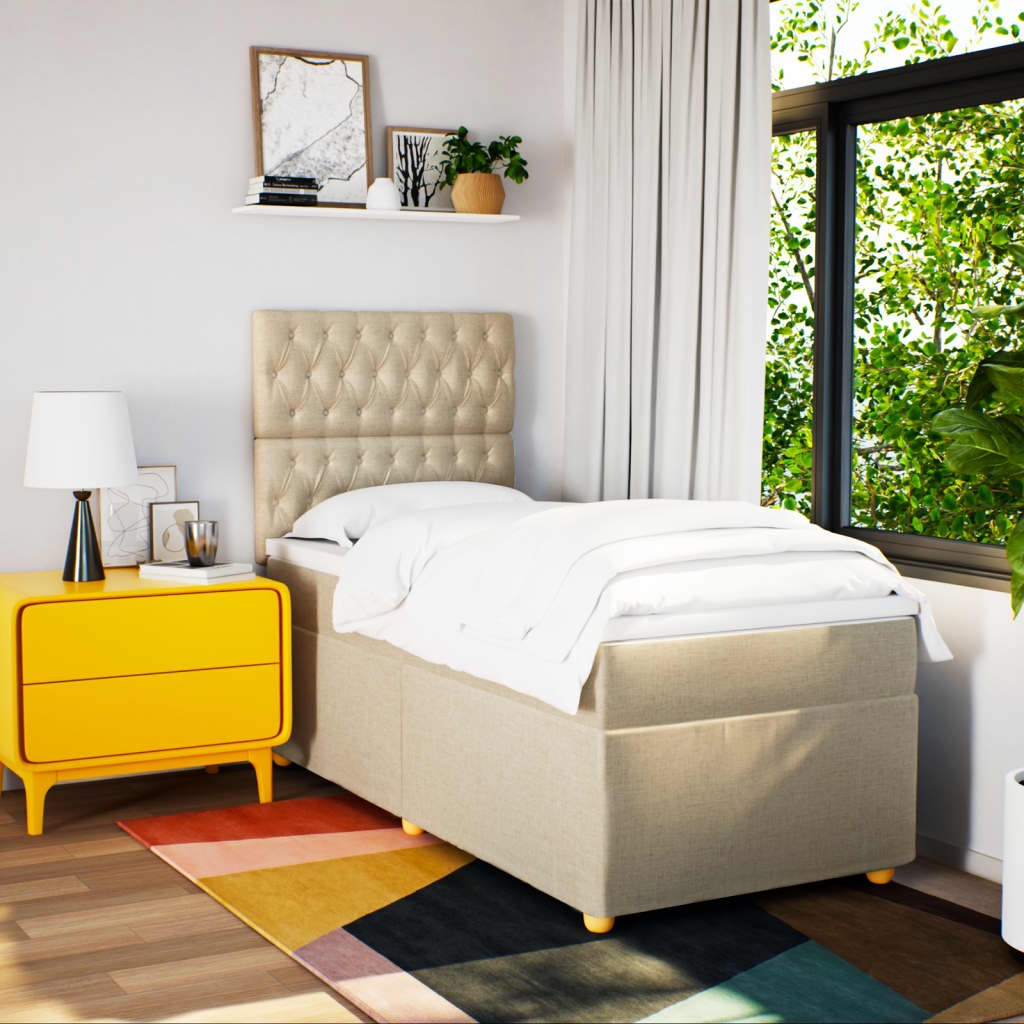 vidaXL Boxspring met matras stof crèmekleurig 100x200 cm afbeelding
