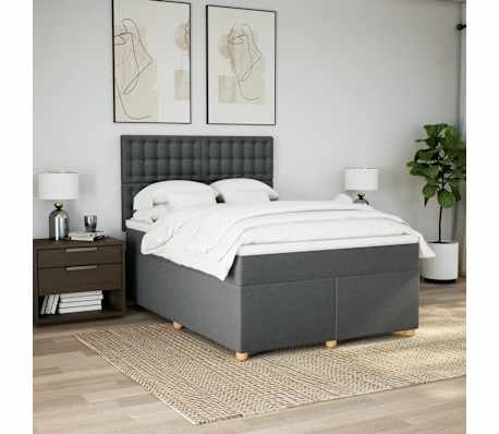 vidaXL Box Spring Bed with Mattress Dark Grey Queen Fabric