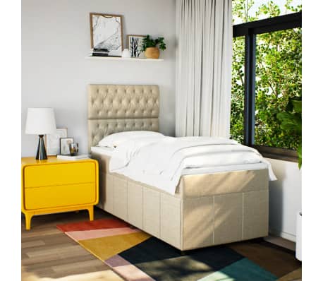 vidaXL Pat box spring cu saltea, crem, 90x190 cm, textil