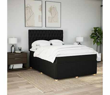 vidaXL Pat box spring cu saltea, negru, 140x200 cm, textil