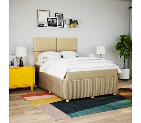 vidaXL Pat box spring cu saltea, crem, 160x200 cm, material textil