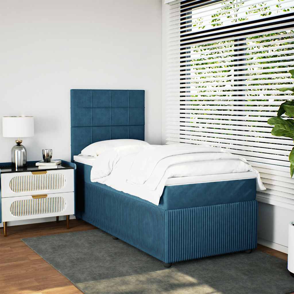 vidaXL Pat box spring cu saltea, albastru închis, 90x190 cm, catifea
