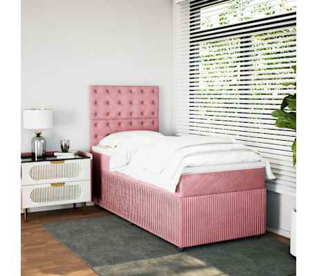 vidaXL Pat box spring cu saltea, roz, 90x190 cm, catifea