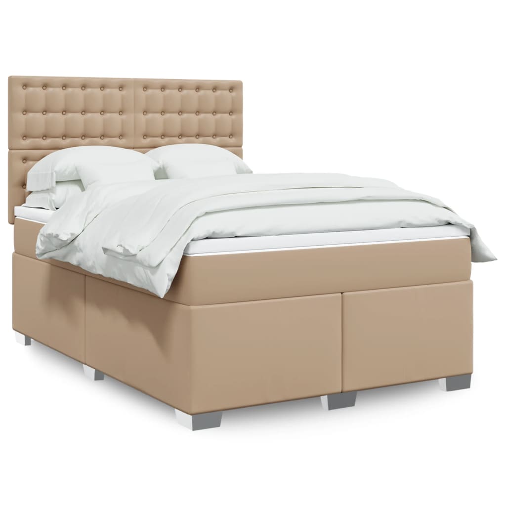 vidaXL Pat box spring cu saltea, cappuccino, 140x190cm piele ecologică