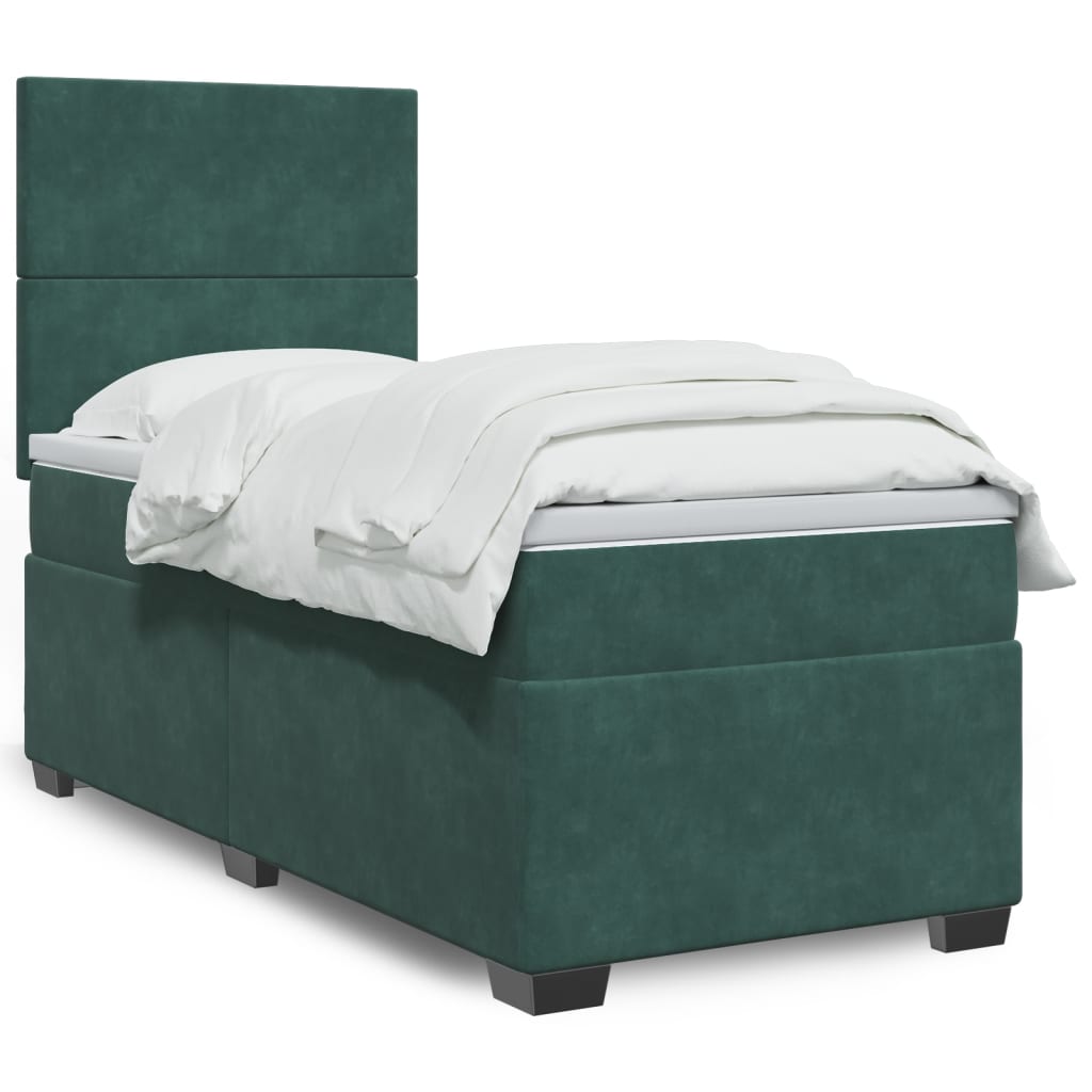 vidaXL Pat box spring cu saltea, verde închis, 90x200 cm, catifea