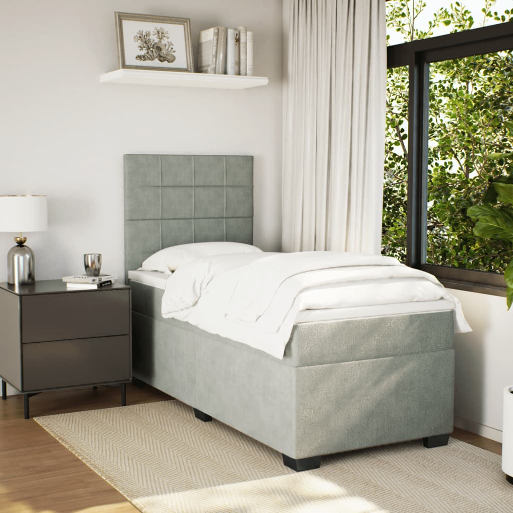 vidaXL Boxspring met matras fluweel lichtgrijs 90x200 cm afbeelding