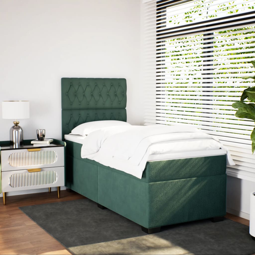 vidaXL Boxspring met matras fluweel donkergroen 90x200 cm afbeelding