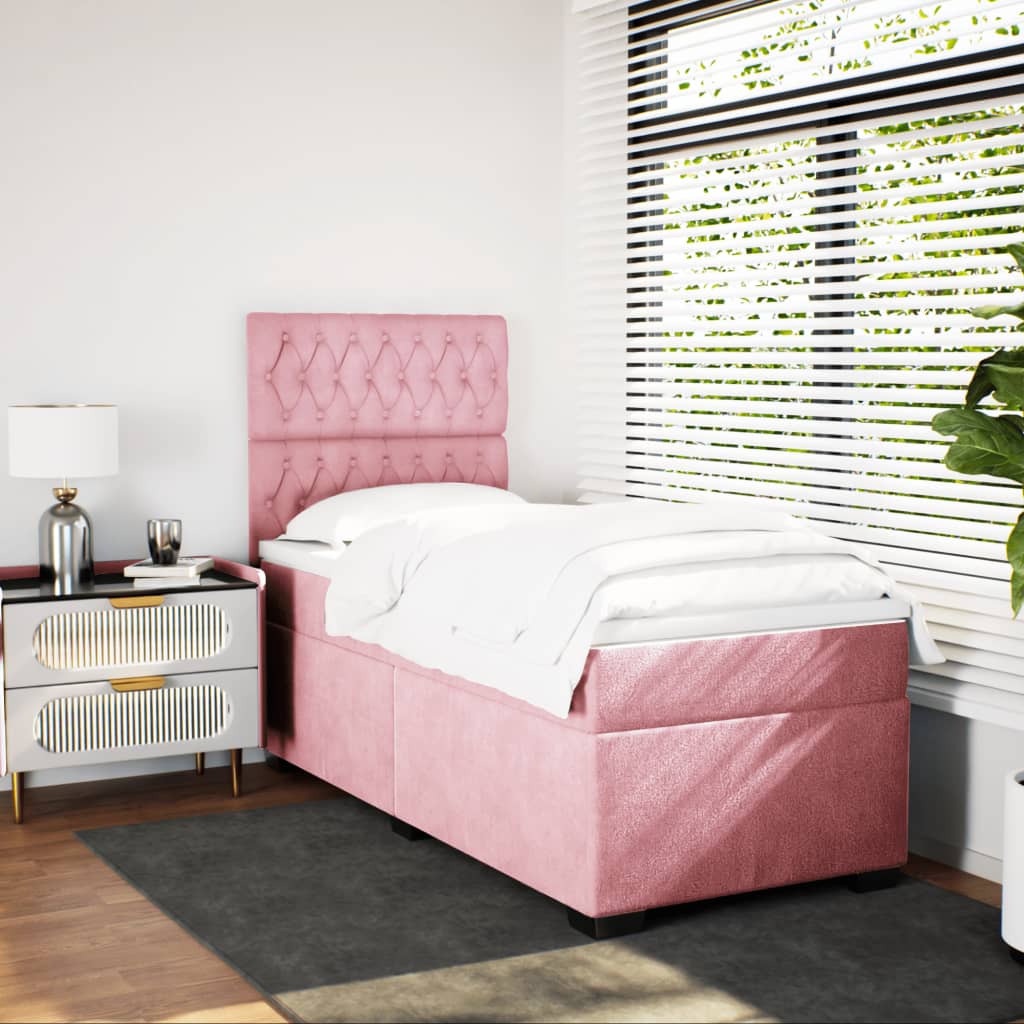vidaXL Pat box spring cu saltea, roz, 90x200 cm, catifea