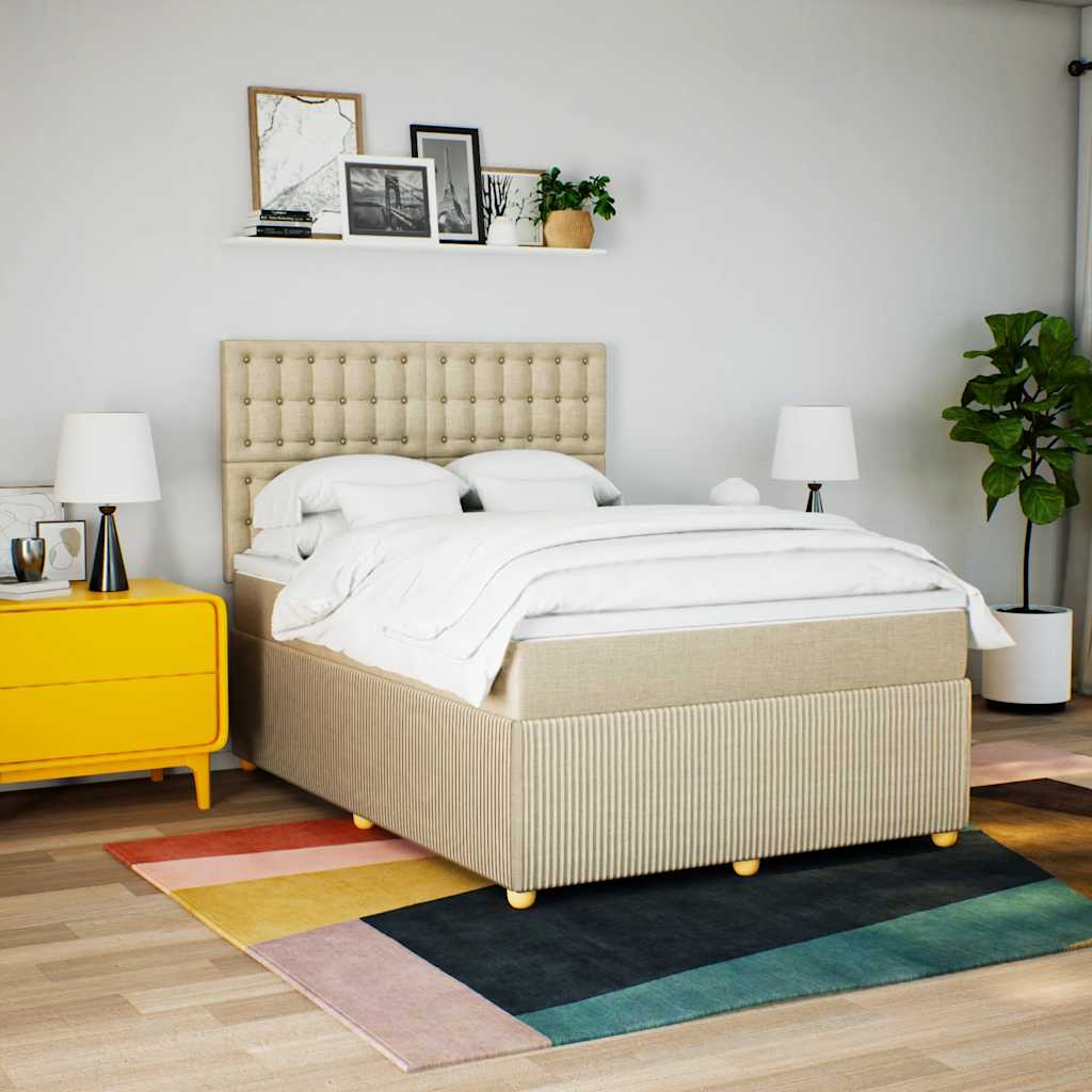 vidaXL Pat box spring cu saltea, crem, 160x200 cm, material textil