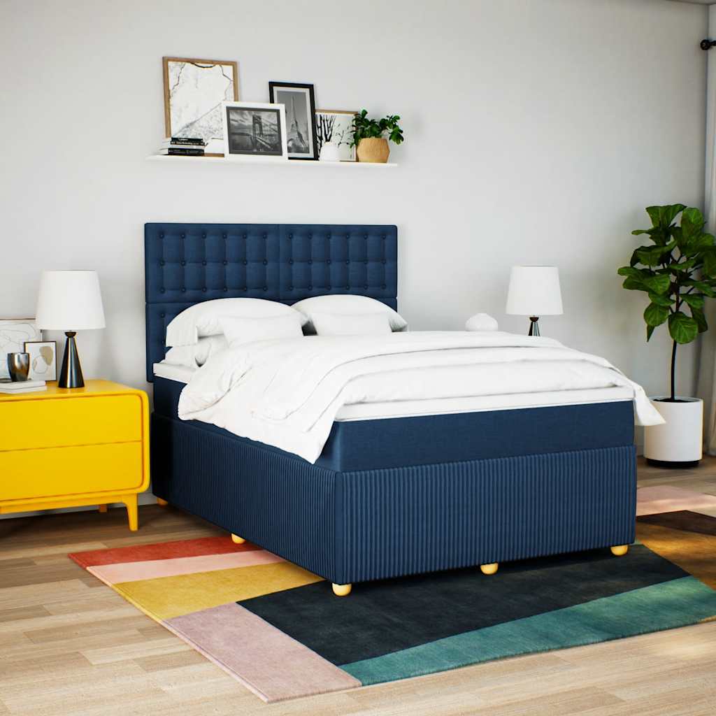 vidaXL Pat continental cu saltea, albastru, 160x200cm, material textil