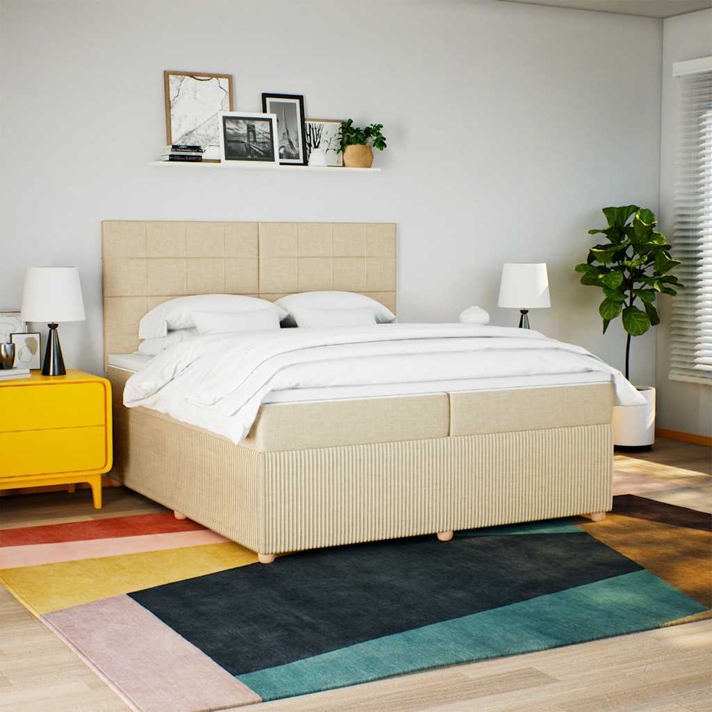 vidaXL Pat box spring cu saltea, crem, 200x200 cm, textil