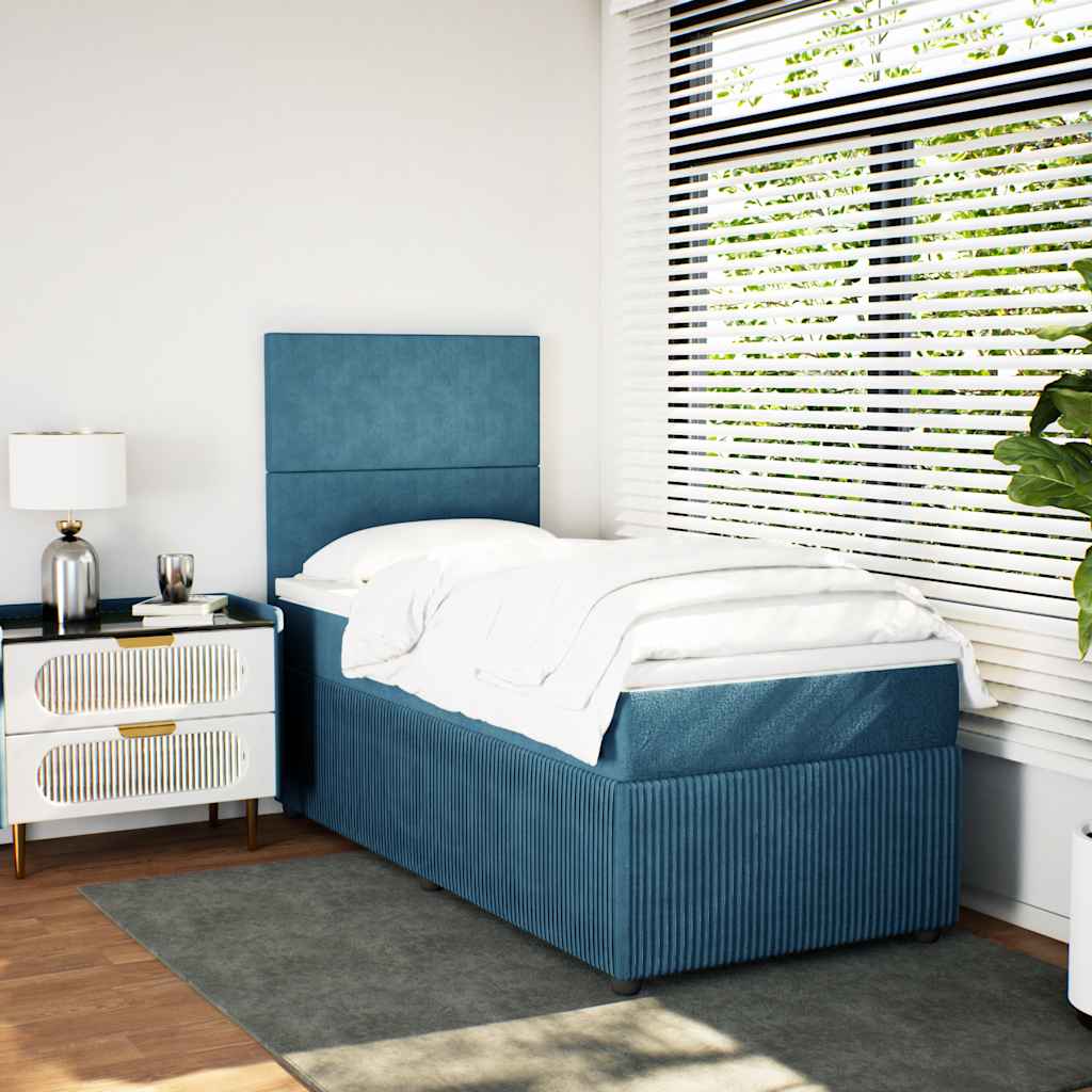 vidaXL Pat box spring cu saltea, albastru, 90x190 cm, catifea
