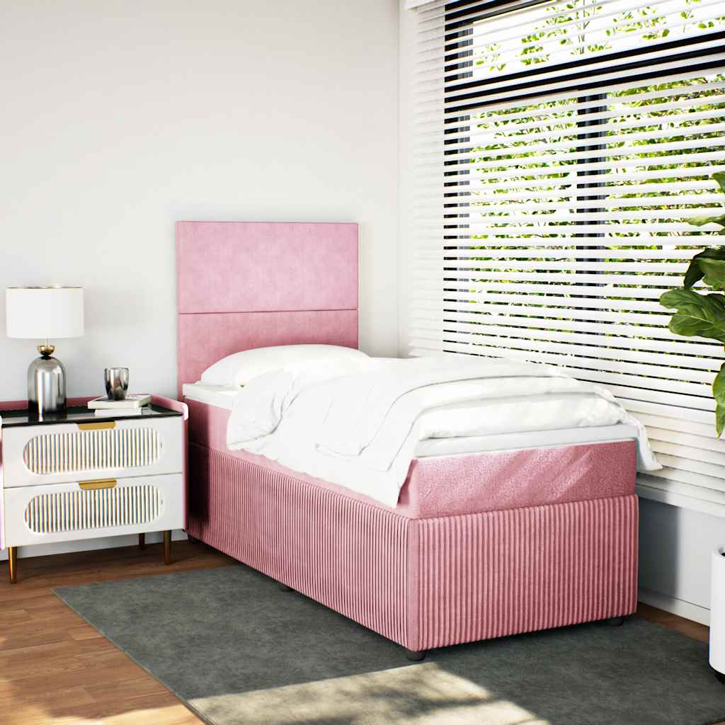 vidaXL Pat box spring cu saltea, roz, 90x190 cm, catifea