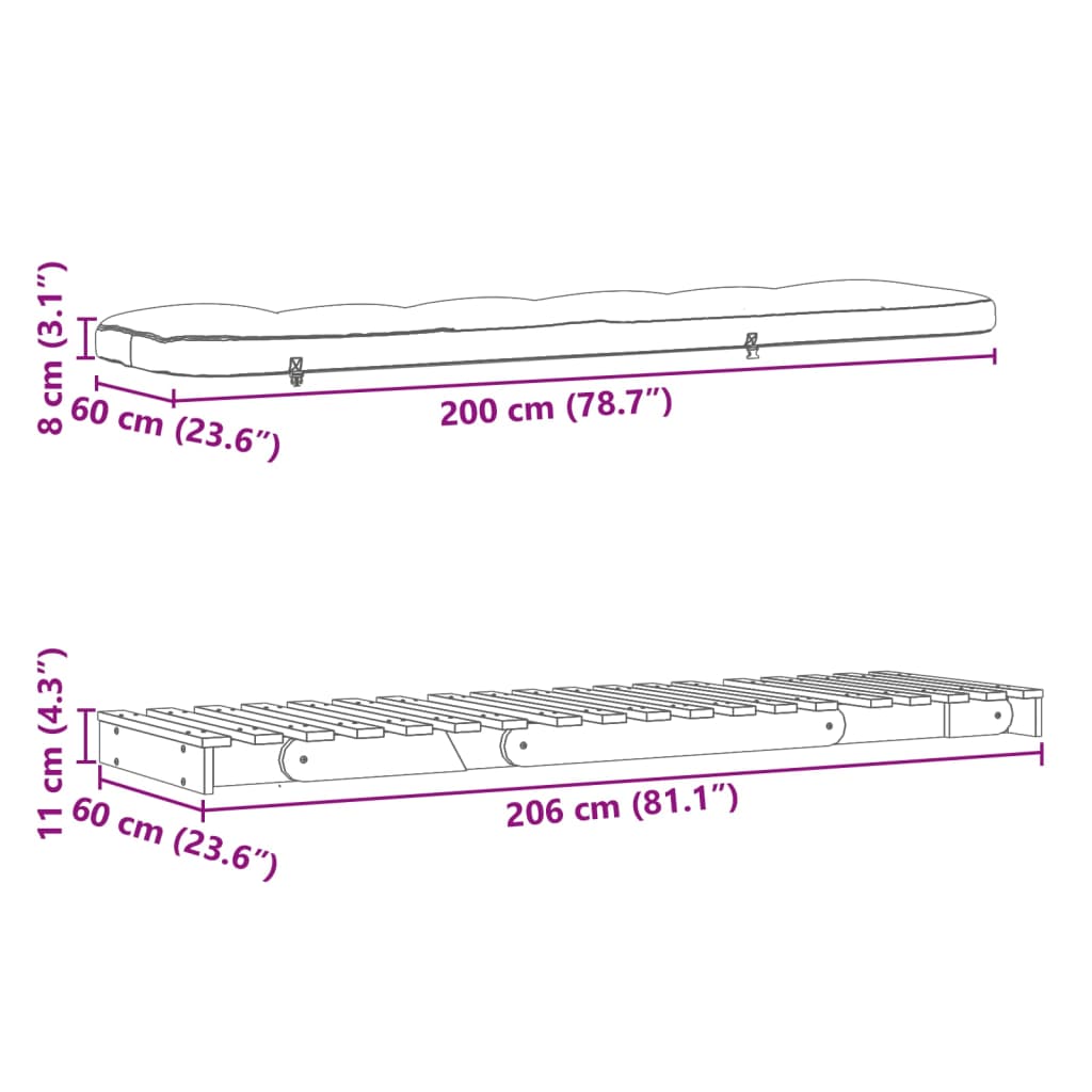 Fehér tömör fenyőfa futon kanapéágy matraccal 60 x 206 x 11 cm 