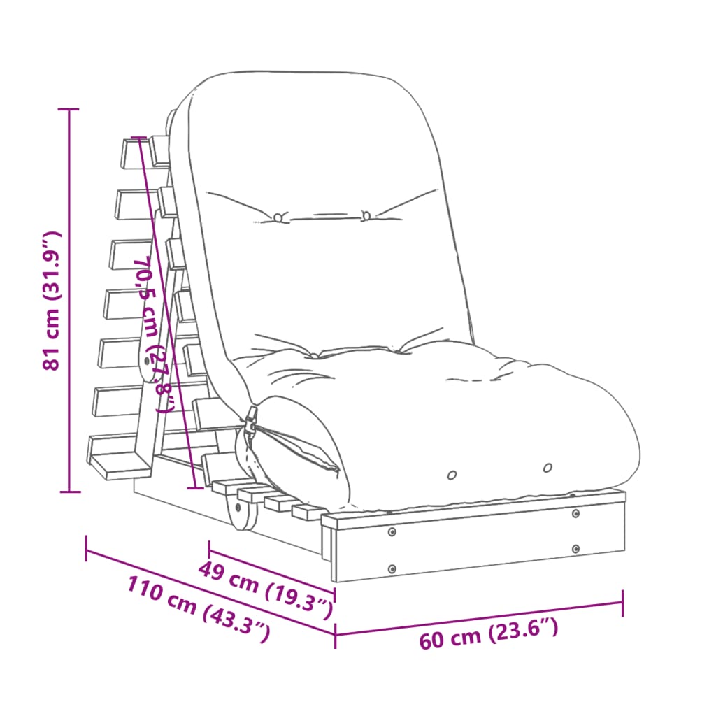 Fehér tömör fenyőfa futon kanapéágy matraccal 60 x 206 x 11 cm 