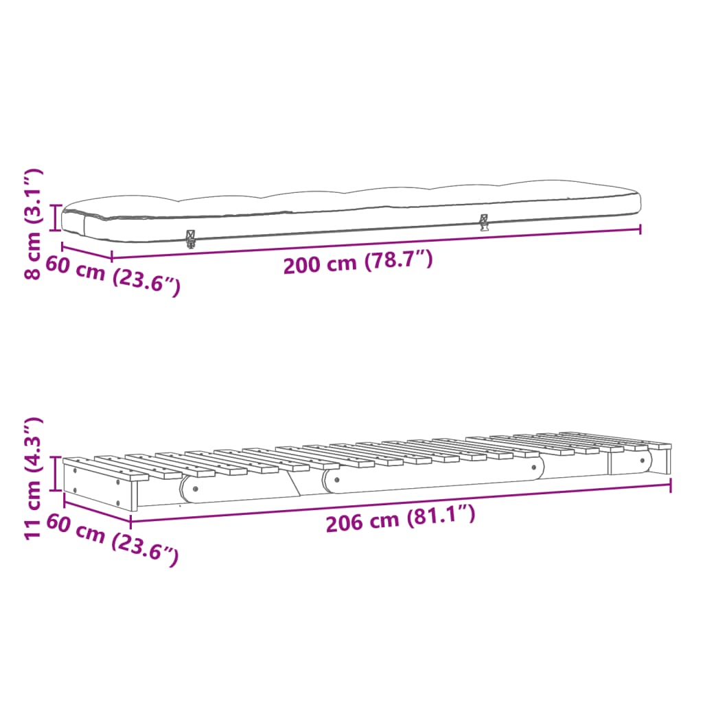 Tömör duglászfenyő futon kanapéágy matraccal 60 x 206 x 11 cm 