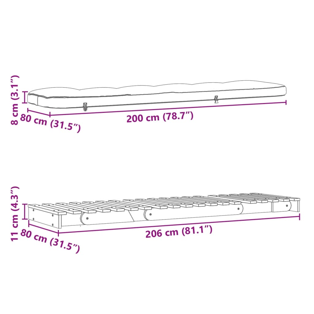 Tömör fenyőfa futon kanapéágy matraccal 80 x 206 x 11 cm 